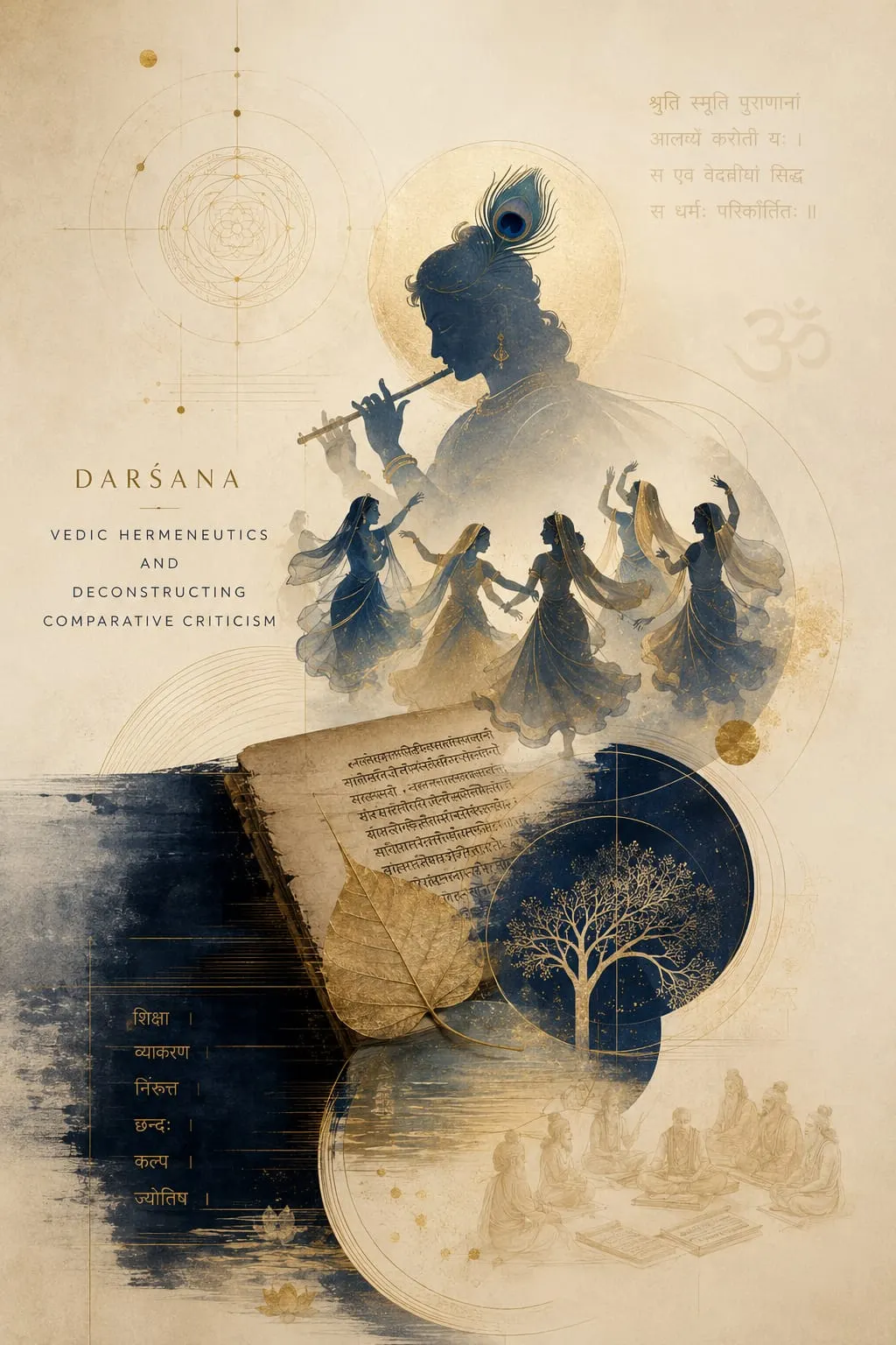 Sepia-and-indigo artwork of Krishna playing the flute above dancers, a Sanskrit manuscript, sacred geometry and an Om symbol evoking Hindu Darśana.