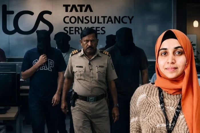 Woman in an orange headscarf pictured before a Tata Consultancy Services sign, with a uniformed police officer and several shadowed figures behind her.