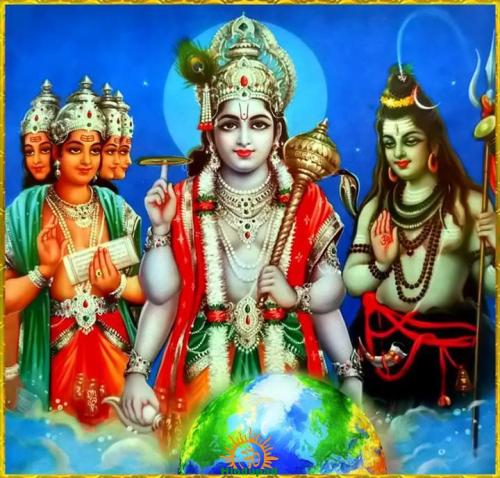 Hindu Trimurti of Brahma, Vishnu and Shiva above Earth, symbolizing devotion during Shravan Month 2026, Sawan Mahina and Shravana Masam.