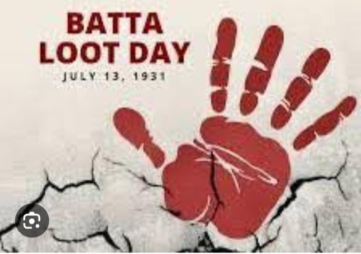 Poster reading “Batta Loot Day, July 13, 1931,” with a large red handprint above a cracked wall, symbolizing a Black Day remembrance in Kashmir history.