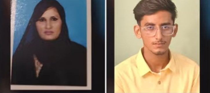 Side-by-side portraits of a woman in a black head covering and a young man in glasses and a yellow shirt, pictured in a Karnataka case involving Pakistani nationals.