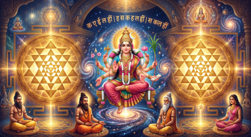 Illustration of goddess Lalita Tripurasundari seated on a lotus between radiant Sri Yantras, with meditating sages, for Yogini Hridaya Tantra.