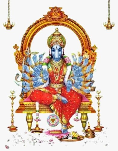 Devotional illustration of Goddess Varahi, blue-skinned and boar-headed, seated on an ornate golden throne with many arms, lamps, flowers and offerings.