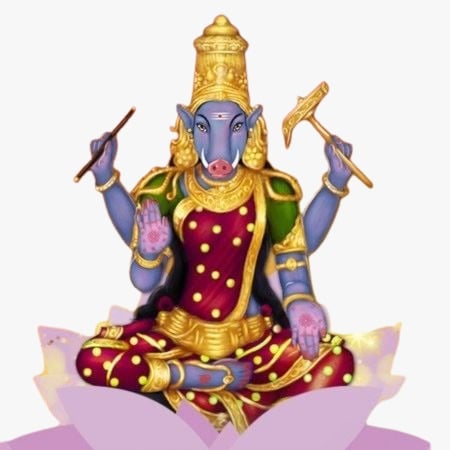 Illustration of Goddess Varahi, the boar-faced Hindu deity, seated on a pink lotus in a gold crown and red-green attire for Varahi Navaratri worship.