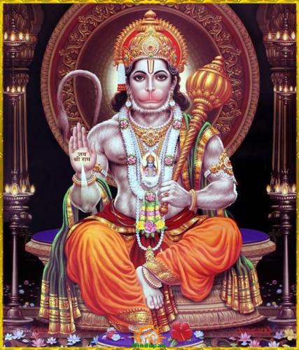 Devotional image of Lord Hanuman seated on an ornate throne, holding a golden mace and raising his hand in blessing for Shravan Shanivar vrat and puja.
