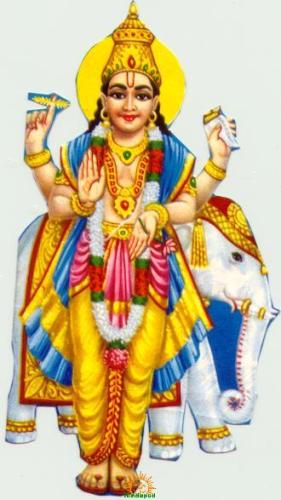 Illustration of Lord Brihaspati in yellow robes and a golden crown, standing with four arms beside a white elephant for Shravan Guruvar Puja.
