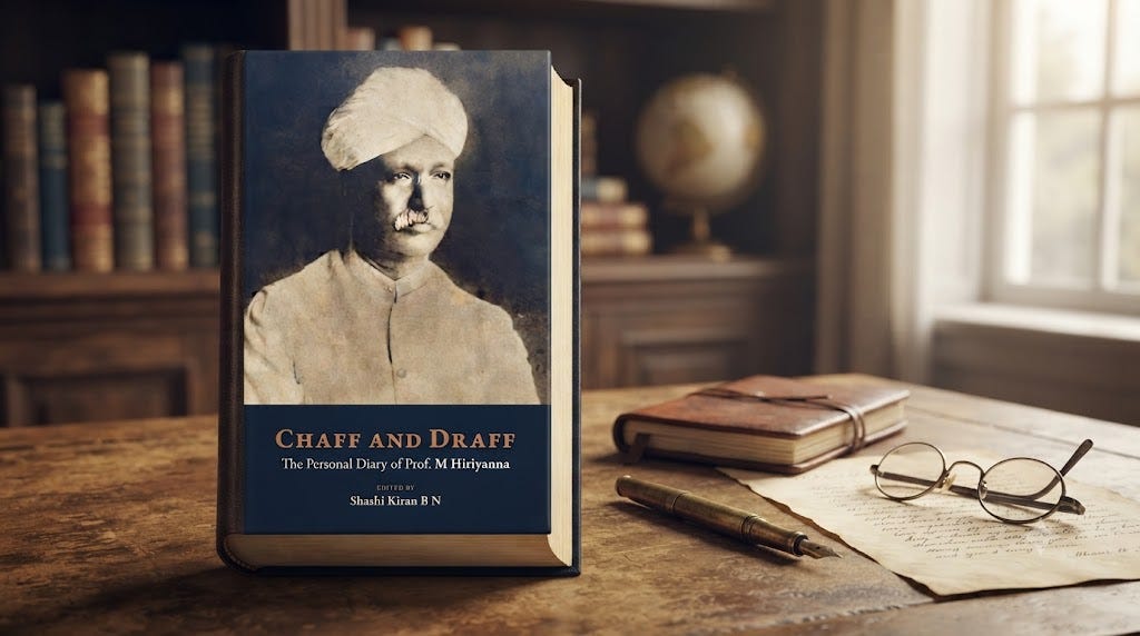 Chaff and Draff, the personal diary of Vedanta scholar M. Hiriyanna, displayed on a wooden desk beside spectacles, a fountain pen and handwritten notes.