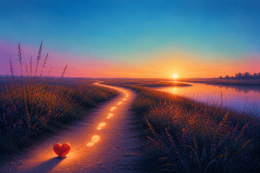 Digital illustration of a red heart beside glowing footprints on a winding marsh path, leading past wildflowers and calm water toward a vivid sunset.