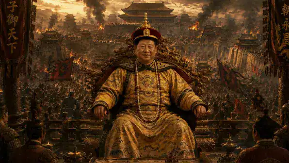 Illustration of Xi Jinping dressed as a Chinese emperor on a throne, overlooking a crowded imperial city engulfed in smoke and flames.