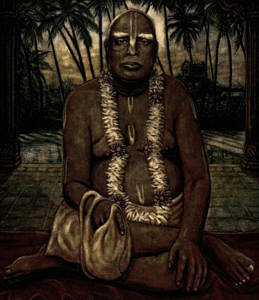 Painted portrait of Srila Bhaktivinoda Thakur seated beneath palm trees, wearing Vaishnava tilaka and flower garlands while holding prayer beads.