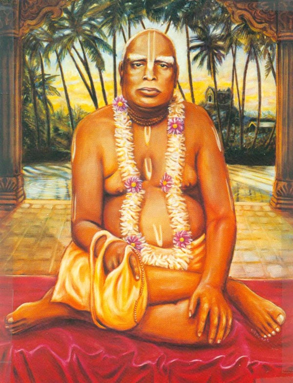 Devotional painting of a Vaishnava saint seated cross-legged on a red cloth, wearing saffron robes, a flower garland, prayer beads, and white tilaka.