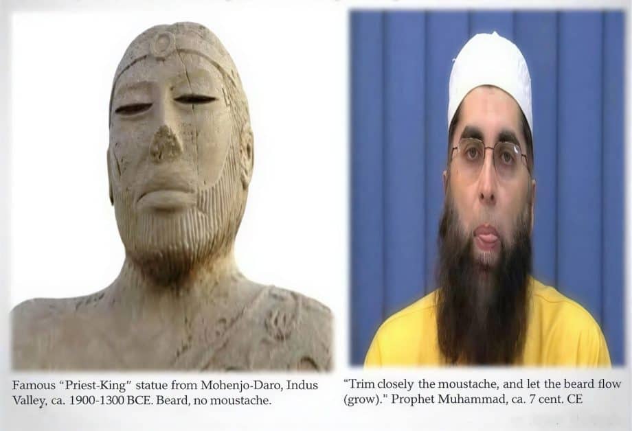 Side-by-side graphic of the Mohenjo-daro Priest-King bust and a bearded man in glasses, a white cap and yellow shirt, illustrating a debate about ancient Pakistan.