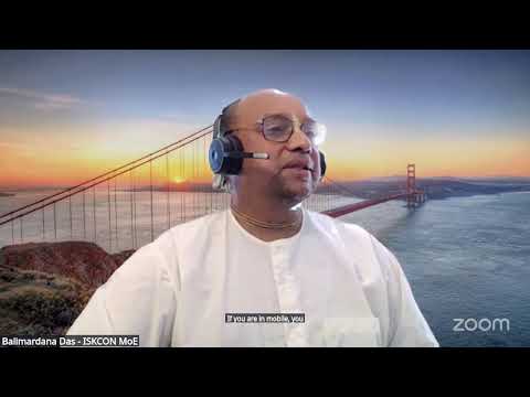 Balimandana Das of ISKCON MoE speaks on Zoom wearing glasses and a headset, with a virtual Golden Gate Bridge sunset behind him.