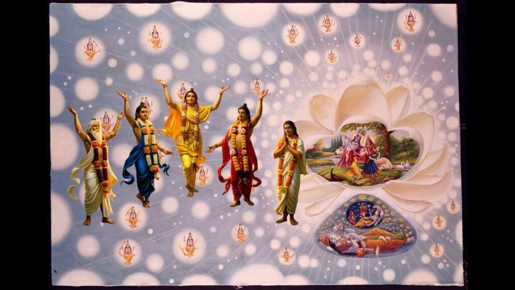 Gaudiya Vaishnava artwork showing five garlanded devotional figures beside a radiant lotus with scenes of Radha-Krishna and reclining Vishnu.