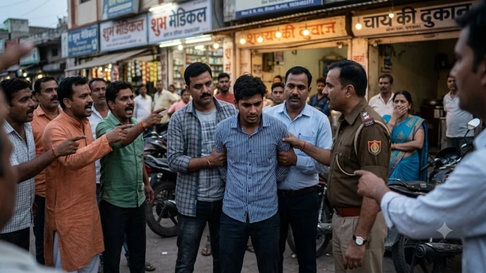 इंदौर के बाजार में पुलिसकर्मी और कुछ लोग धारीदार कमीज पहने एक युवक को पकड़कर ले जाते हुए; आसपास भीड़ बहस और इशारे करती दिखाई दे रही है।