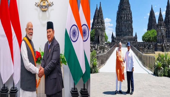 Prime Minister Narendra Modi meets Indonesian President Prabowo Subianto beside Indian and Indonesian flags and visits the Prambanan temple complex.