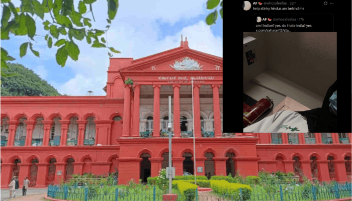 Red facade of the Karnataka High Court in Bengaluru, with an inset of social media posts linked to the Afeefa Fathima FIR case involving remarks about Hindus and Bharat.