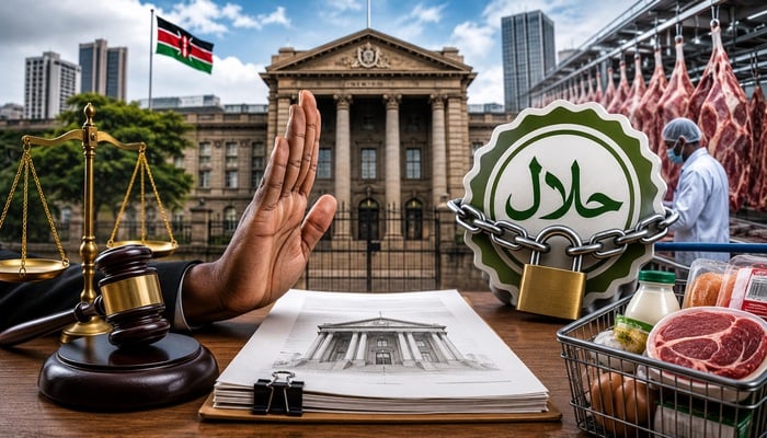 Composite illustration with Kenya’s flag and a courthouse, legal scales, a raised stop hand, a chained halal seal and packaged meat.