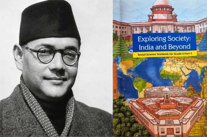 Split image showing a black-and-white portrait of Subhas Chandra Bose beside the Grade 6 textbook Exploring Society: India and Beyond.
