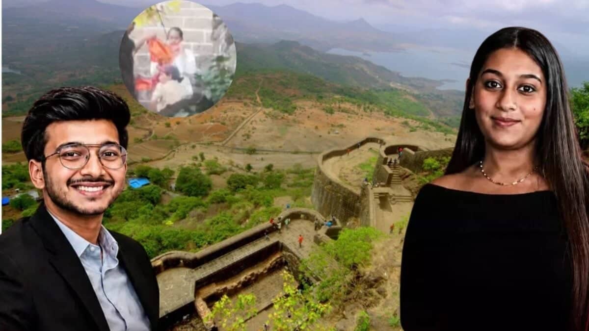 Composite showing a smiling young man and woman over an aerial view of Lohagad Fort in Maharashtra, with a small blurred inset image above.