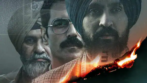 Representational Satluj film image showing three solemn men, two in Sikh turbans, against a newspaper-textured backdrop as flames burn along the lower edge.