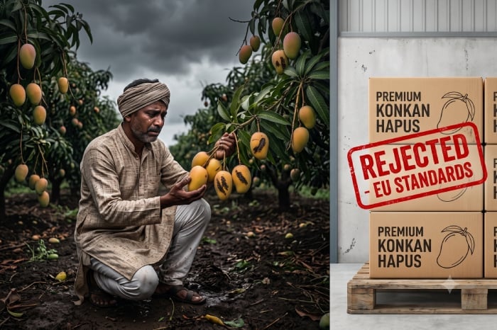 A farmer inspects blemished mangoes in a Konkan orchard beside boxes labeled Premium Konkan Hapus and stamped “Rejected – EU Standards.”