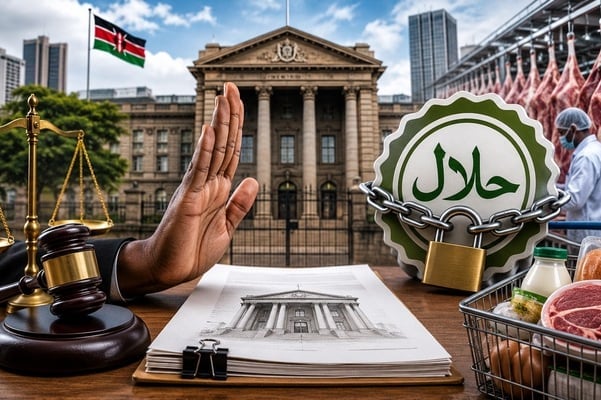 Composite with Kenya’s flag, a courthouse, gavel, raised hand, locked halal seal and inspected meat, symbolizing legal scrutiny of food safety.
