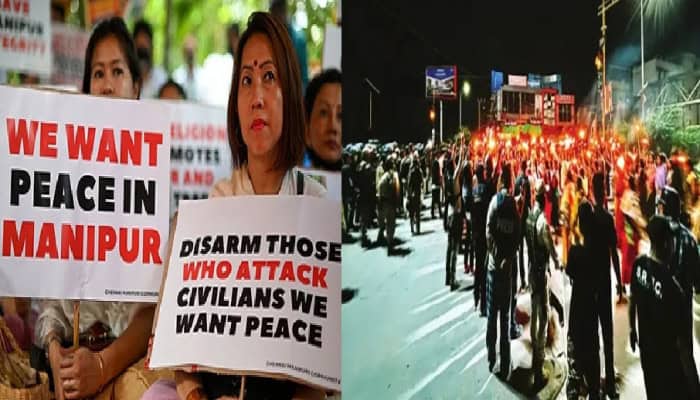 Women hold peace and disarmament placards beside a nighttime torchlight march in Manipur, highlighting civilian safety and internal security in Bharat.