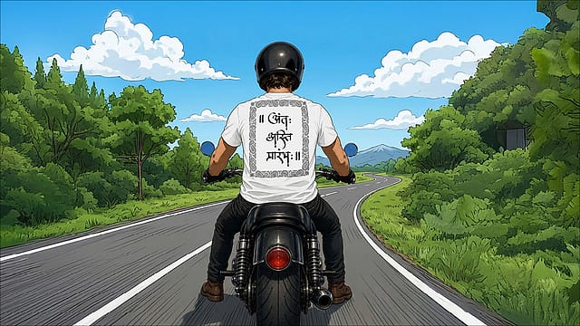 Rear-view illustration of a helmeted motorcyclist on a winding road amid green hills, wearing a white shirt with Devanagari text symbolizing Sanskrit in Bharat.