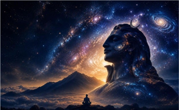 A lone meditator faces a colossal cosmic Shiva beneath galaxies and a crescent moon, symbolizing Sākṣī Bhāva, yoga, and mental health.