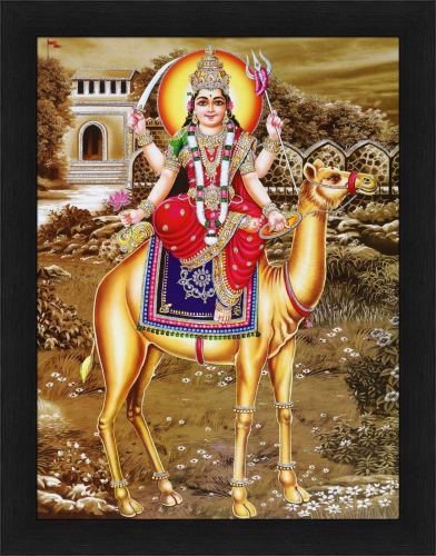 Devotional illustration of Dasha Maa, crowned and four-armed with a radiant halo, seated on a decorated camel in a garden during Gujarati Shravan Month.