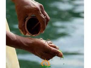 Close-up of a devotee pouring water from a small vessel over a cupped hand beside a river during Aadi Amavasai Pitru Tharpana rites.
