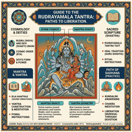 Illustrated guide to the Rudrayamala Tantra showing Rudra and Shakti on a tiger, framed by symbols of cosmology, mantra, yantra, scripture, and sadhana.