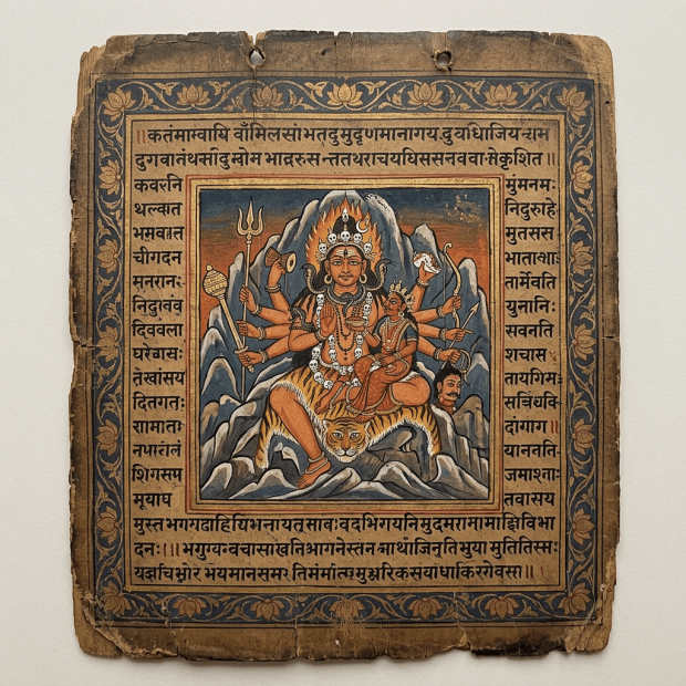 Aged manuscript-style folio for the Rudrayamala Tantra, with Devanagari text and a multi-armed deity and consort seated on a tiger amid mountains.