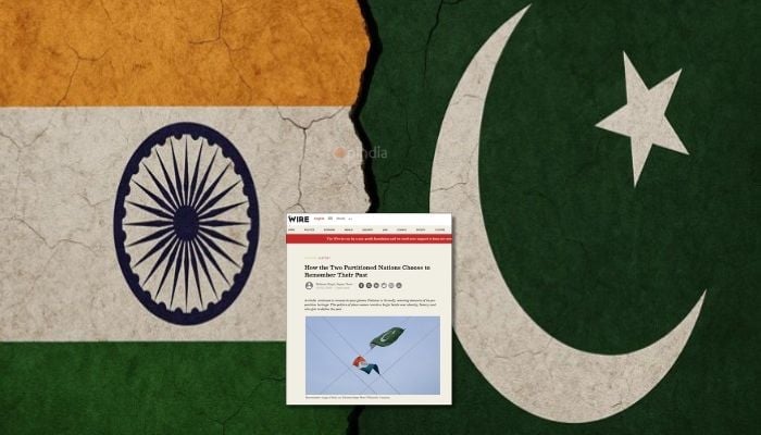 Distressed flags of Bharat and Pakistan divided by a jagged border, with a screenshot of The Wire article on how the two nations remember their past.