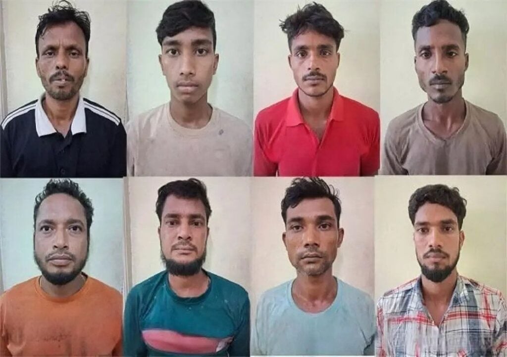 Eight male portrait photos arranged in a two-row collage, published with a report on Mangaluru’s alleged Bangladesh-to-Bharat illegal immigration ring.