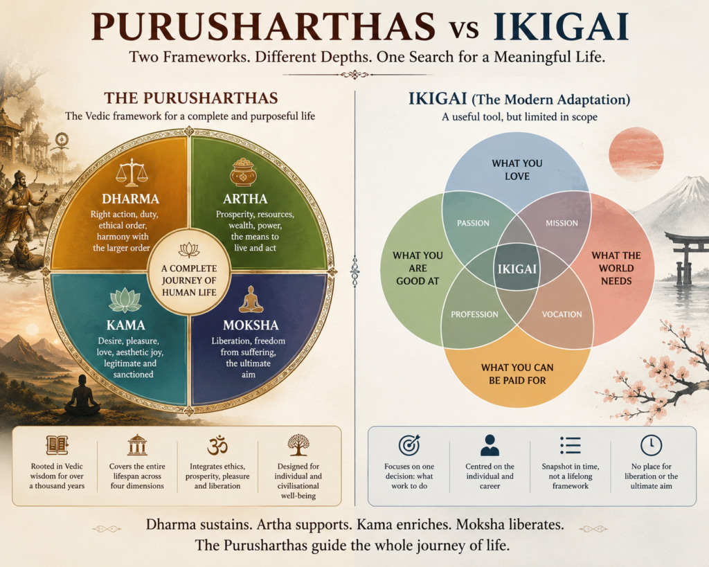 Illustrated comparison of the four Purusharthas—Dharma, Artha, Kama and Moksha—with the modern four-circle Ikigai career framework.
