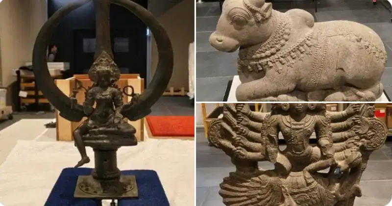 Collage of repatriated Hindu temple artefacts: a Bhadrakali-topped metal trident, stone Nandi bull and six-faced Murugan sculpture from Tamil Nadu.