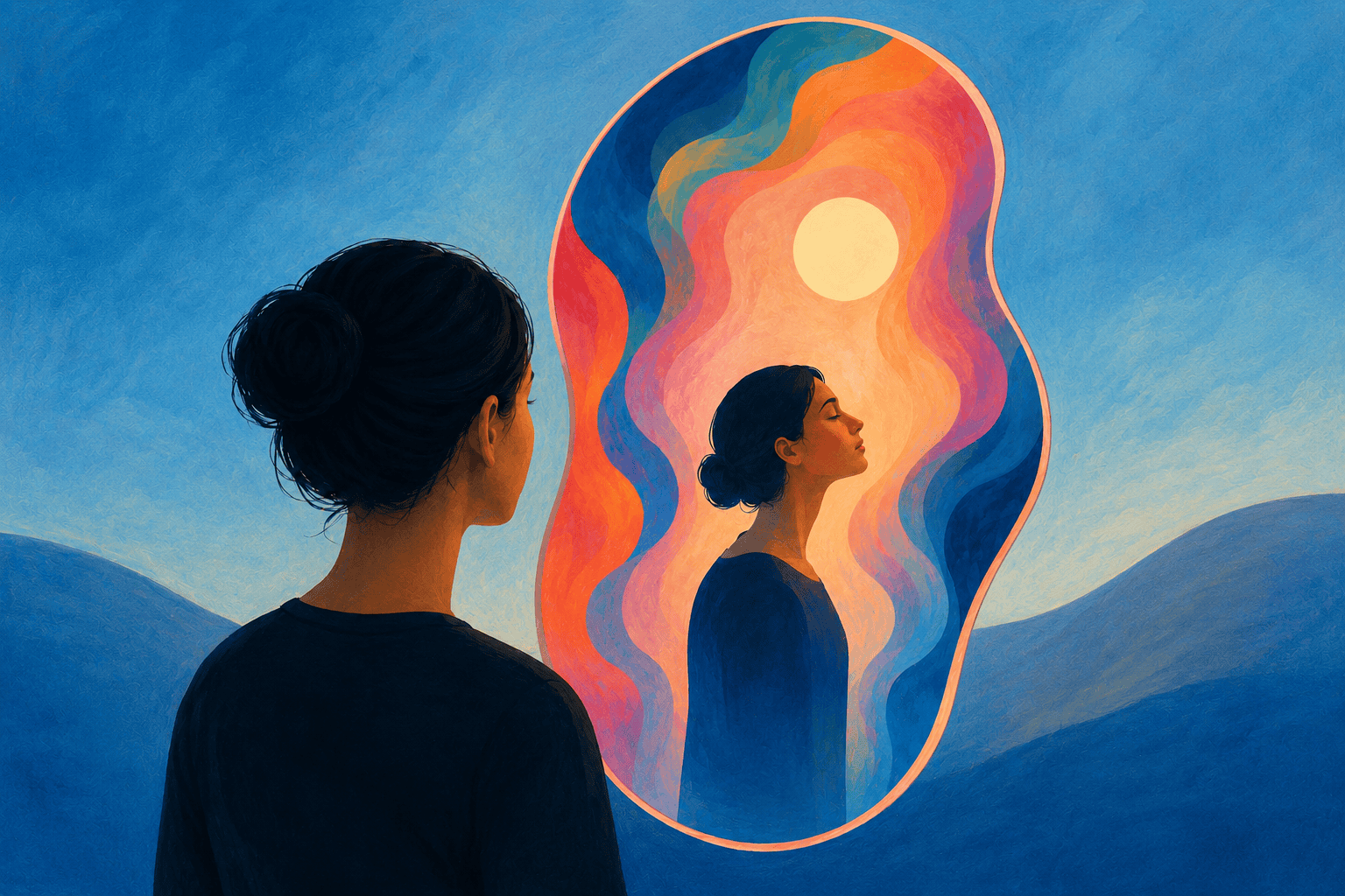 Illustration of a woman facing a glowing, colorful reflection of herself, symbolizing unseen healing, anxiety recovery, personal growth, and progress.