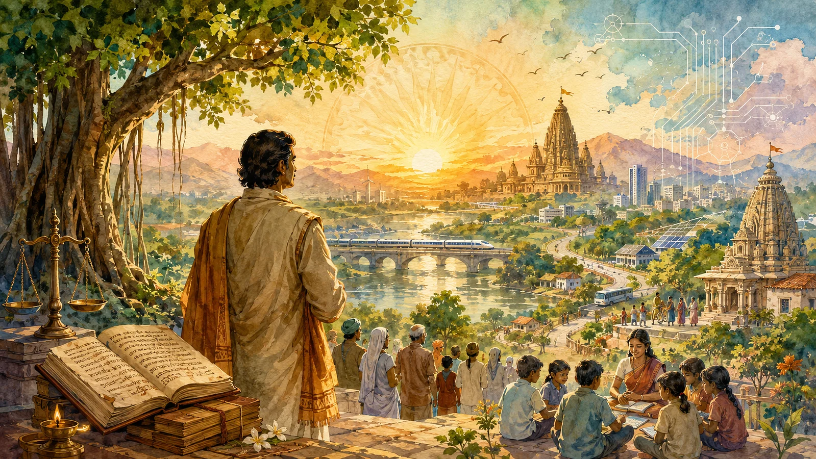 Watercolor scene of a robed man overlooking a river city with temples, a train, solar panels, and students.