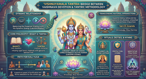 Vishnuyamala Tantra infographic with Vishnu and Lakshmi centered among panels on philosophy, rituals and hymns.