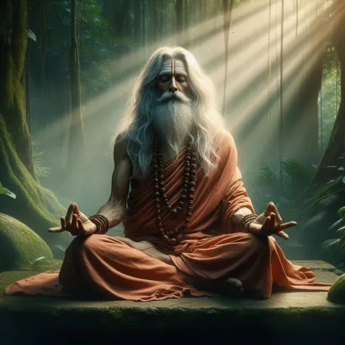 Elderly white-haired man in orange robes meditating cross-legged in a sunlit forest