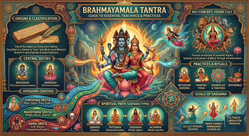 Brahmayamala Tantra infographic with a seated multi-armed pair, manuscript, ritual icons, and labeled teaching panels.