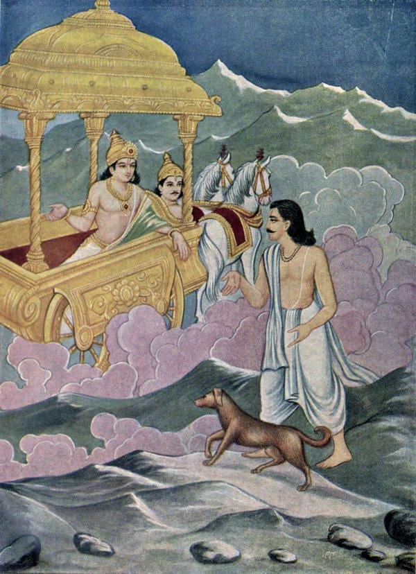 Painted scene of a robed man and dog before an ornate golden chariot drawn by two white horses in the mountains.