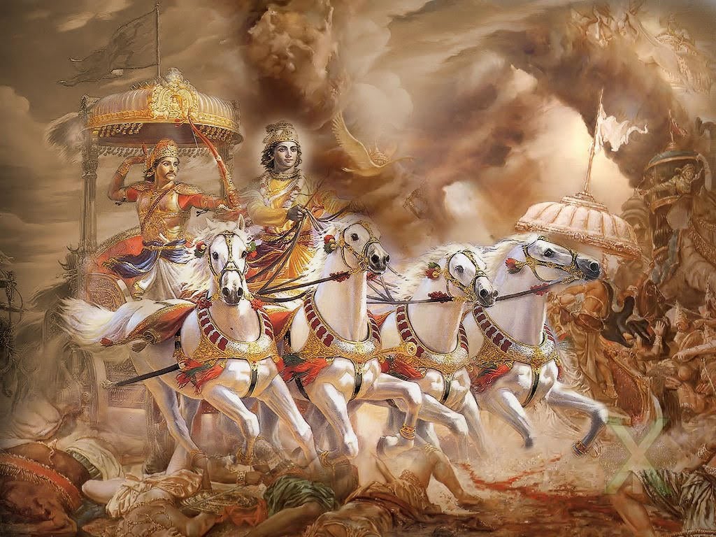 Painted battle scene with two crowned figures riding a chariot drawn by four white horses.