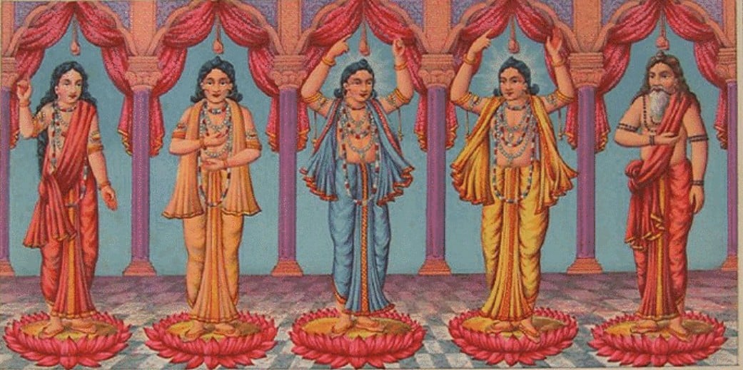 Five ornately dressed figures stand on lotus pedestals beneath red curtains, with two central figures raising their arms.