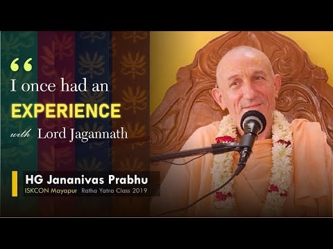 HG Jananivas Prabhu, wearing a flower garland, speaks into a microphone beside text about Lord Jagannath.
