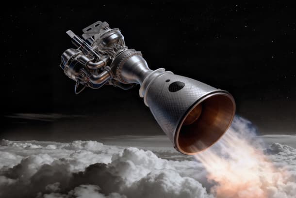 Rocket engine with a large bell nozzle firing above clouds against a dark, star-speckled background.