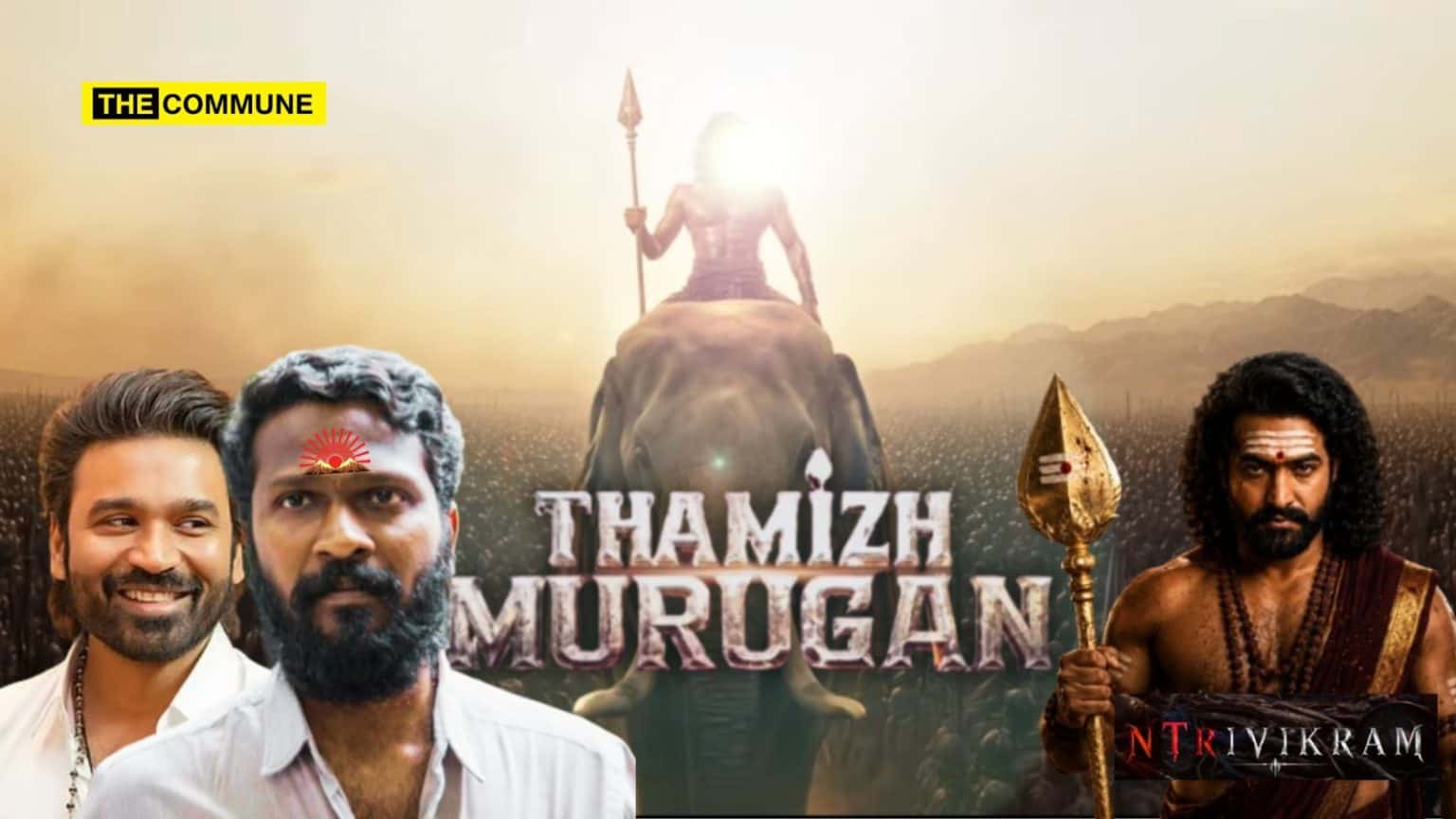 Composite poster with three men, a spear-bearing rider on an elephant, and the title THAMIZH MURUGAN.