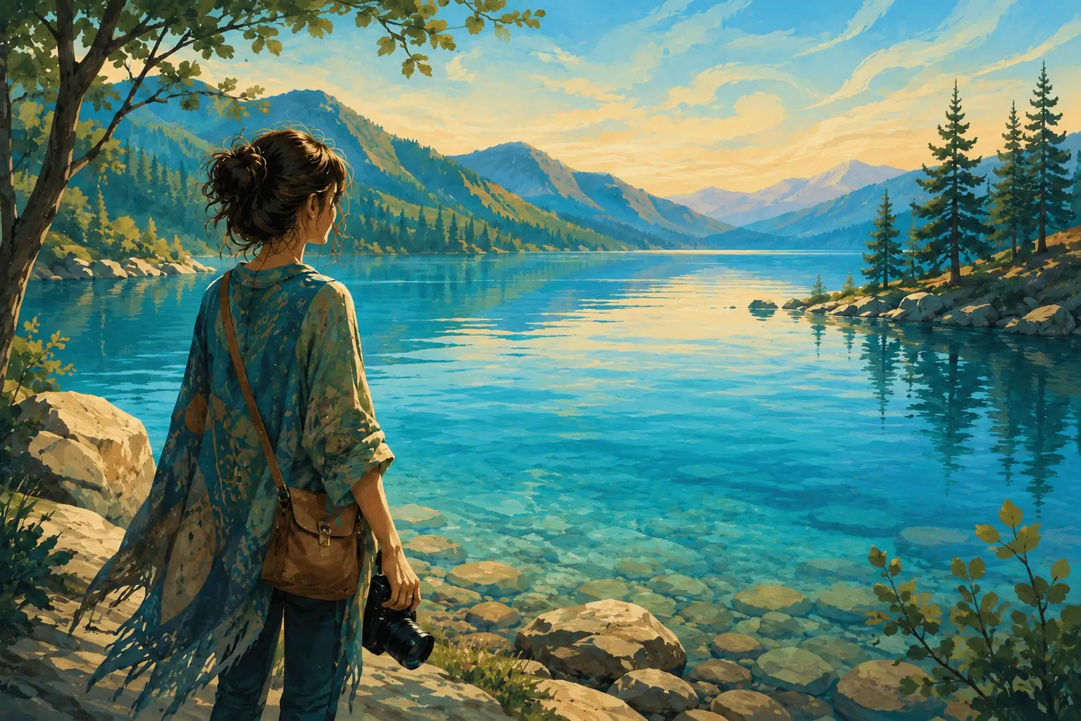 A woman holding a camera stands on a rocky shore overlooking a turquoise mountain lake.